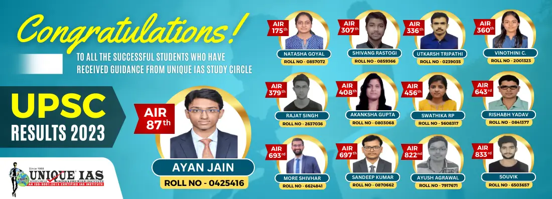 Unique IAS Study Circle UPSC Results 2023 – Congratulations to toppers including Ayan Jain AIR 87, Natasha Goyal AIR 175, Shivang Rastogi AIR 307, and more successful students.